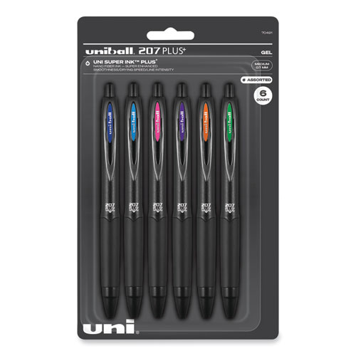Uniball® 207 Plus+ Gel Pen, Retractable, Medium 0.7 Mm, Inspirational Ink-Color Assortment, Black Barrel, 6/Pack