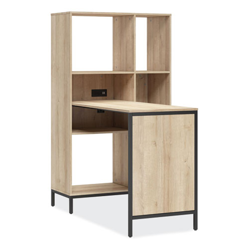 Turing Home Office Workstation with Integrated Bookcase and Power Center, 48.3" x 31.75" x 55.25", Desert Ash/Black
