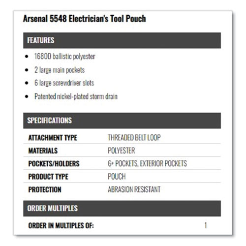 Arsenal 5548 Electrician's Synthetic Pouch, 3.5 x 9.5 x 12.5, Polyester, Gray, Ships in 1-3 Business Days
