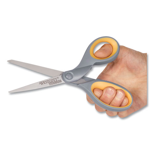 Titanium Bonded Scissors, 8" Long, 3.5" Cut Length, Gray/Yellow Straight Handle, 3/Box