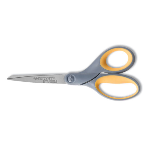 Image of Westcott® Titanium Bonded Scissors, 7" Long, 3" Cut Length, Gray/Yellow Straight Handle
