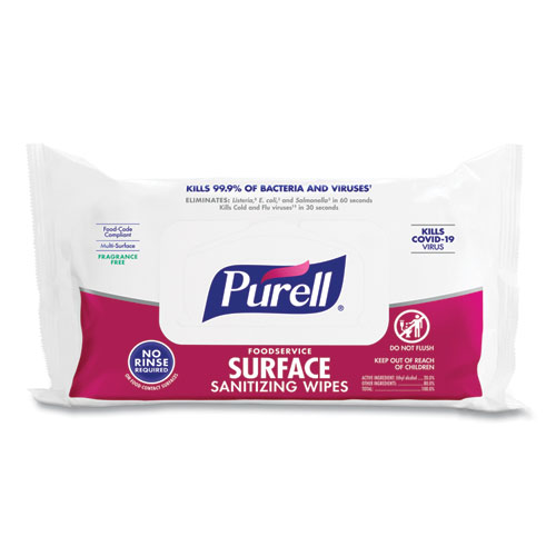 Purell® Foodservice Surface Sanitizing Wipes, 1-Ply, 7.4 X 9, Fragrance-Free, White, 72/Pouch, 12 Pouches/Carton