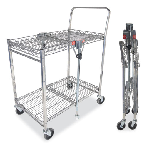 Stowaway Folding Carts, Metal, 2 Shelves, 250 lb Capacity, 29.63" x 37.25" x 18", Chrome
