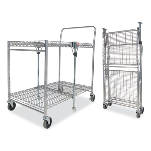 Stowaway Folding Carts, Metal, 2 Shelves, 250 lb Capacity, 35" x 37.25" x 22", Chrome