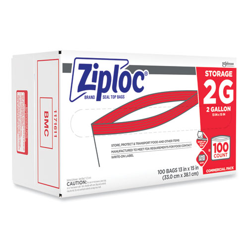 Image of Ziploc® Double Zipper Storage Bags, 2 Gal, 1.75 Mil, 15" X 13", Clear, 100/Carton