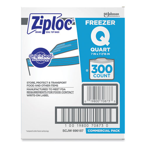 Image of Ziploc® Double Zipper Freezer Bags, 1 Qt, 2.7 Mil, 7" X 7.75", Clear, 300/Carton