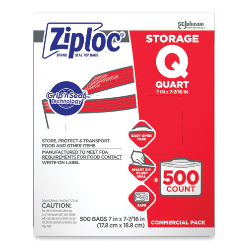 Ziploc® Double Zipper Storage Bags, 1 Qt, 1.75 Mil, 7" X 7.75", Clear, 500/Box