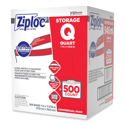 Image of Ziploc® Double Zipper Storage Bags, 1 Qt, 1.75 Mil, 7" X 7.75", Clear, 500/Box