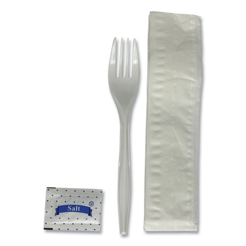 Three-Piece Utensil Set, Fork/Napkin/Salt Packet, White, 500/Carton