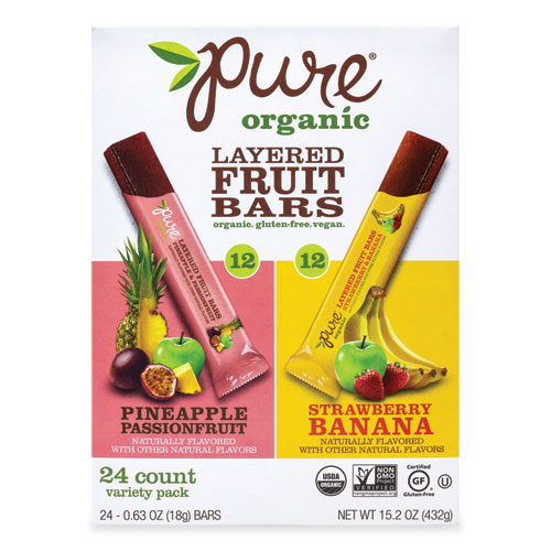 Pure® Organic Layered Fruit Bars Variety Pack, Pineapple Passionfruit/Strawberry Banana, 0.63Oz Bar, 24/Pack,Ships In 1-3 Business Days