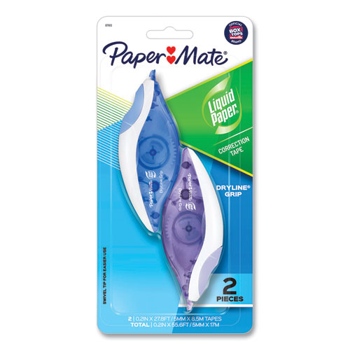 Paper Mate® Liquid Paper® Dryline Grip Correction Tape, Blue/Purple Applicators, 0.2" X 335",  2/Pack