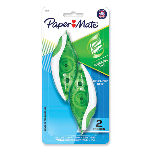 Paper Mate® Liquid Paper® Dryline Grip Correction Tape, Non-Refillable, Gray/Green Applicator, 0.2" X 335", 2/Pack