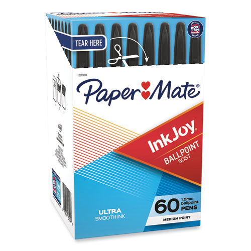 Image of Paper Mate® Inkjoy 50St Ballpoint Pen, Stick, Medium 1 Mm, Black Ink, White/Black Barrel, 60/Pack