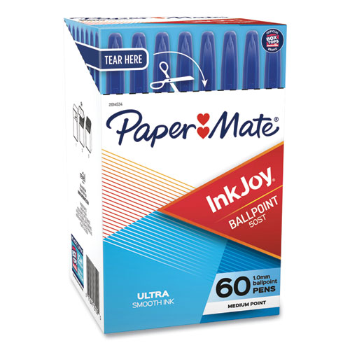 Paper Mate® Inkjoy 50St Ballpoint Pen, Stick, Medium 1 Mm, Blue Ink, White/Blue Barrel, 60/Pack