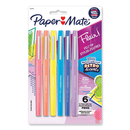 Flair Felt Tip Porous Point Pen, Stick, Medium 0.7 mm, Assorted Ink and Barrel Colors with Retro Accents, 6/Pack