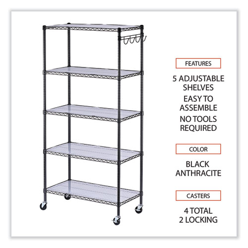 Image of Alera® 5-Shelf Wire Shelving Kit With Casters And Shelf Liners, 36W X 18D X 72H, Black Anthracite