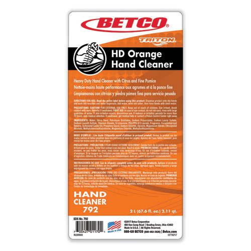 HD Orange Hand Cleaner Refill, Citrus Zest, 2 L Refill Bottle for Triton Dispensers, 6/Carton