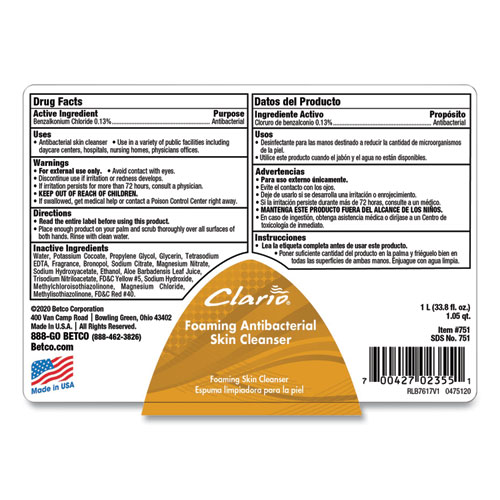 Antibacterial Foaming Skin Cleanser, Fresh, 1,000 mL Refill Bag, 6/Carton