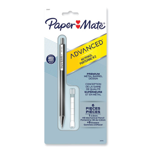 Paper Mate® Advanced Mechanical Pencils, 0.5 mm, HB (#2), Black Lead, Black; Gray Barrel, 2/Pack