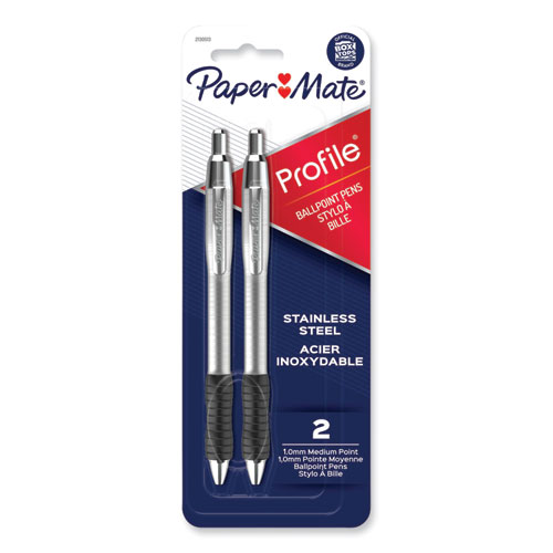 Paper Mate® Profile Ballpoint Pen, Retractable, Medium, 1 mm, Black Ink, Black/Silver Barrel, 2/Pack