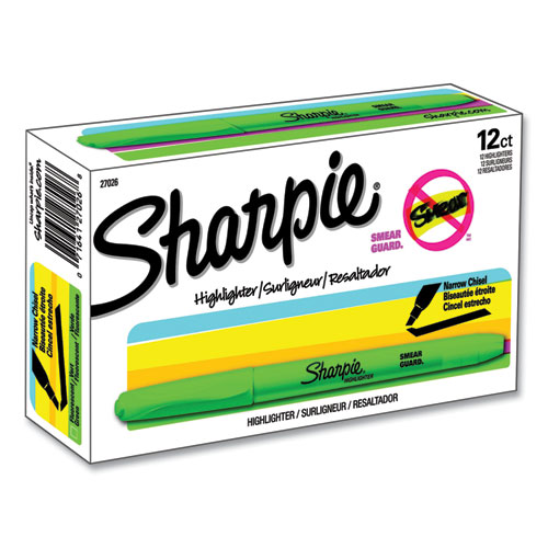 Image of Sharpie® Pocket Style Highlighters, Fluorescent Green Ink, Chisel Tip, Green Barrel, Dozen