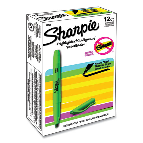 Sharpie® Pocket Style Highlighters, Fluorescent Green Ink, Chisel Tip, Green Barrel, Dozen