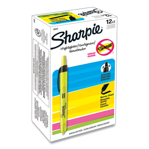 Image of Sharpie® Retractable Highlighters, Fluorescent Yellow Ink, Chisel Tip, Yellow/Black Barrel, Dozen