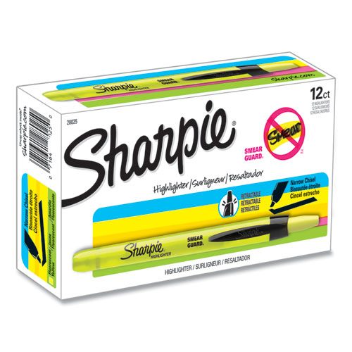Sharpie® Retractable Highlighters, Fluorescent Yellow Ink, Chisel Tip, Yellow/Black Barrel, Dozen
