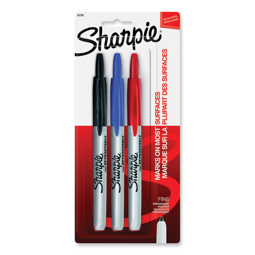 Sharpie Permanent Marker, Retractable, Fine Point, Assorted - 3 markers