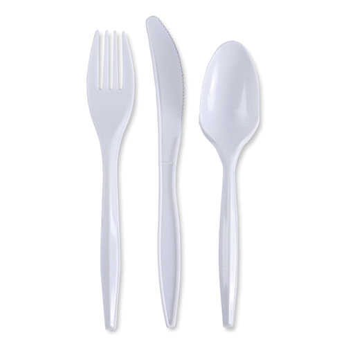 Image of Boardwalk® Three-Piece Cutlery Kit, Fork/Knife/Teaspoon, Polypropylene, White, 250/Carton
