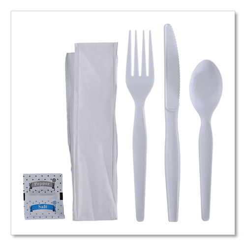 Six-Piece Cutlery Kit, Condiment/Fork/Knife/Napkin/Spoon, Heavyweight, White, 250/Carton