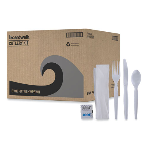 Image of Boardwalk® Six-Piece Cutlery Kit, Condiment/Fork/Knife/Napkin/Spoon, Heavyweight, White, 250/Carton