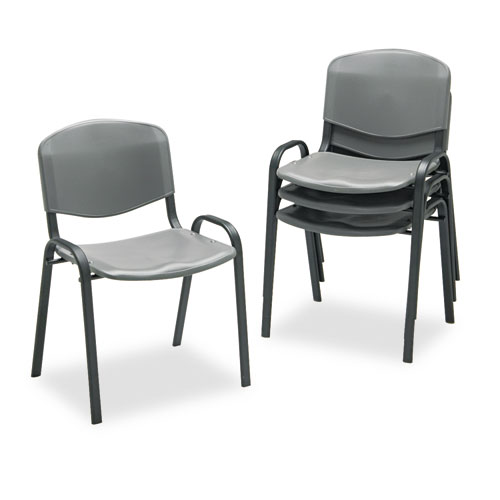 Stacking Chair, Supports Up to 250 lb, 18" Seat Height, Charcoal Seat, Charcoal Back, Black Base, 4/Carton