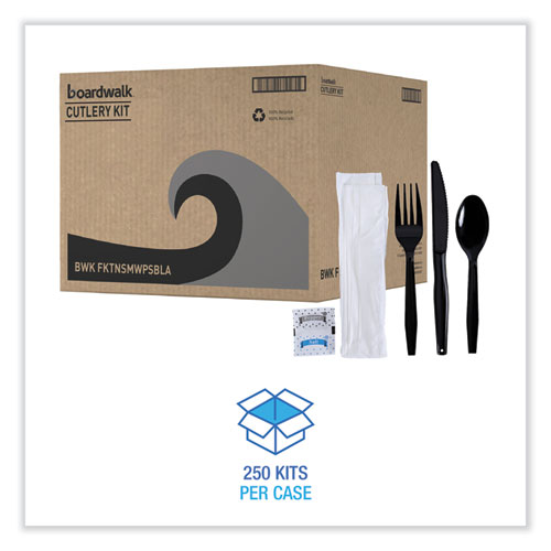 Six-Piece Cutlery Kit, Condiment/Fork/Knife/Napkin/Teaspoon, Black, 250/Carton