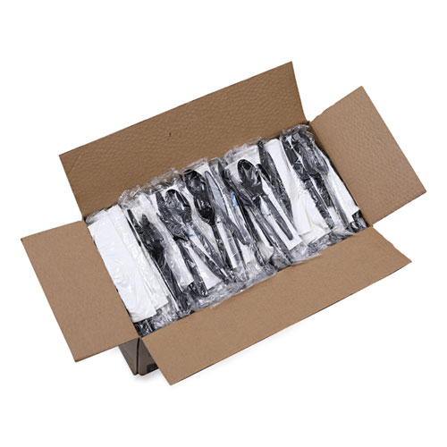 Image of Boardwalk® Six-Piece Cutlery Kit, Condiment/Fork/Knife/Napkin/Teaspoon, Black, 250/Carton