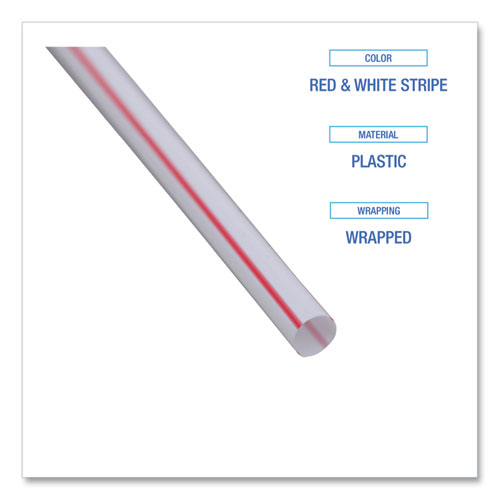 Image of Boardwalk® Wrapped Jumbo Straws, 7.75", Plastic, White/Red Stripe, 400/Pack, 25 Packs/Carton