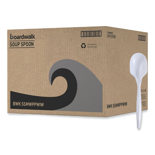 Image of Boardwalk® Mediumweight Wrapped Polypropylene Cutlery, Soup Spoon, White, 1,000/Carton