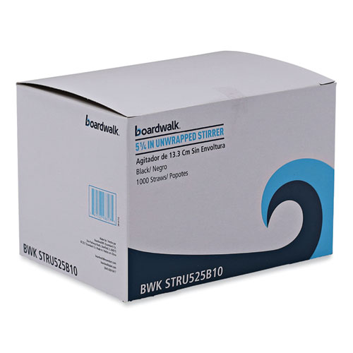 Image of Boardwalk® Single-Tube Stir-Straws, 5.25", Polypropylene, Black, 1,000/Pack, 10 Packs/Carton
