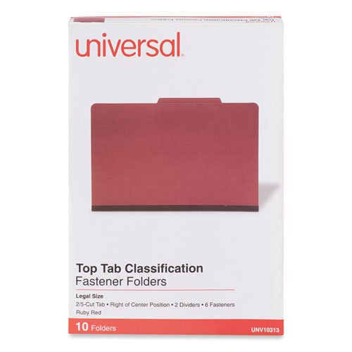 Universal® Bright Colored Pressboard Classification Folders, 2" Expansion, 2 Dividers, 6 Fasteners, Legal Size, Ruby Red, 10/Box