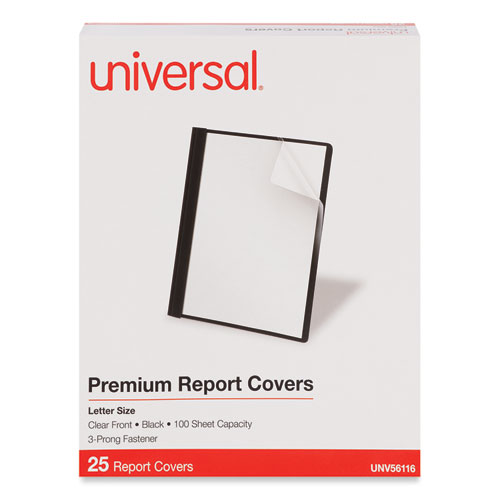 Image of Universal® Clear Front Report Cover With Fasteners, Three-Prong Fastener, 0.5" Capacity, 8.5 X 11, Clear/Black, 25/Box