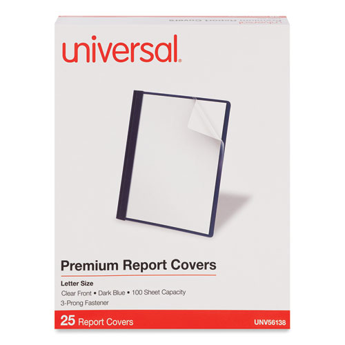 Image of Universal® Clear Front Report Covers With Fasteners, Three-Prong Fastener, 0.5" Capacity,  8.5 X 11, Clear/Dark Blue, 25/Box