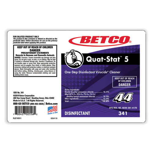 Quat-Stat 5 Disinfectant, Lavender Scent, 2 L Bottle, 4/Carton
