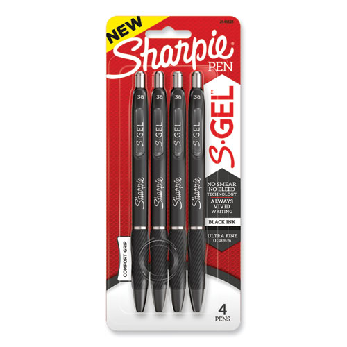 Image of S-Gel High-Performance Gel Pen, Retractable, Extra-Fine 0.38 mm, Black Ink, Black Barrel, 4/Pack