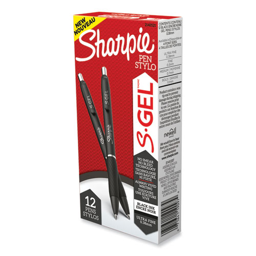 Image of Sharpie® S-Gel™ S-Gel High-Performance Gel Pen, Retractable, Extra-Fine 0.38 Mm, Black Ink, Black Barrel, Dozen