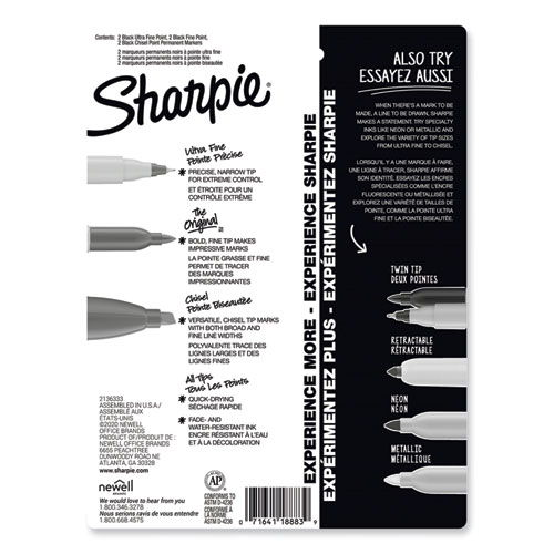 Image of Sharpie® Mixed Point Size Permanent Markers, Assorted Tip Sizes/Types, Black, 6/Pack