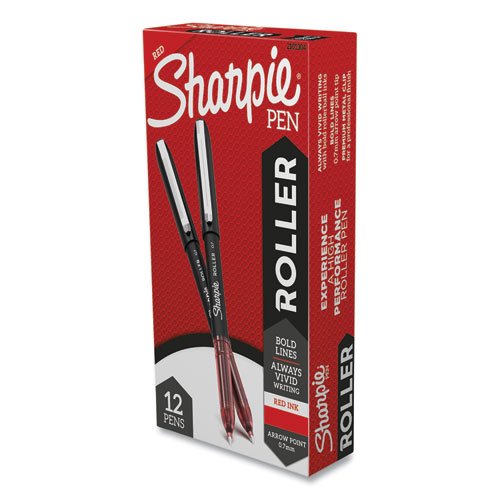 Sharpie® Roller Professional Design Roller Ball Pen, Stick, Medium 0.7 Mm, Red Ink, Black Barrel, Dozen