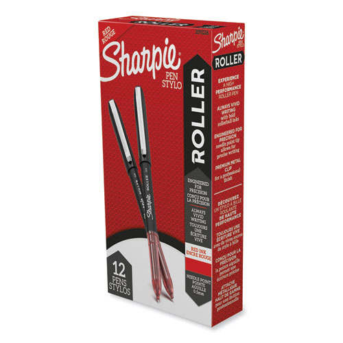Sharpie® Roller Professional Design Roller Ball Pen, Stick, Fine 0.5 Mm, Red Ink, Black Barrel, Dozen