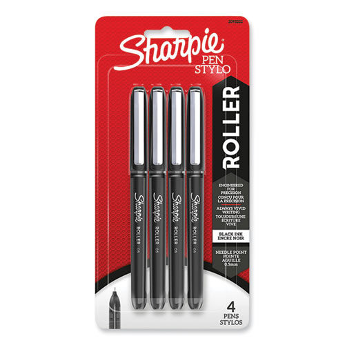 Sharpie® Roller Professional Design Roller Ball Pen, Stick, Fine 0.5 Mm, Black Ink, Black Barrel, 4/Pack