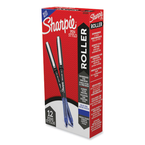 Sharpie® Roller Professional Design Roller Ball Pen, Stick, Fine 0.5 Mm, Blue Ink, Black Barrel, Dozen