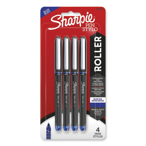 Sharpie® Roller Professional Design Roller Ball Pen, Stick, Fine 0.5 mm, Blue Ink, Black/Blue Barrel, 4/Pack